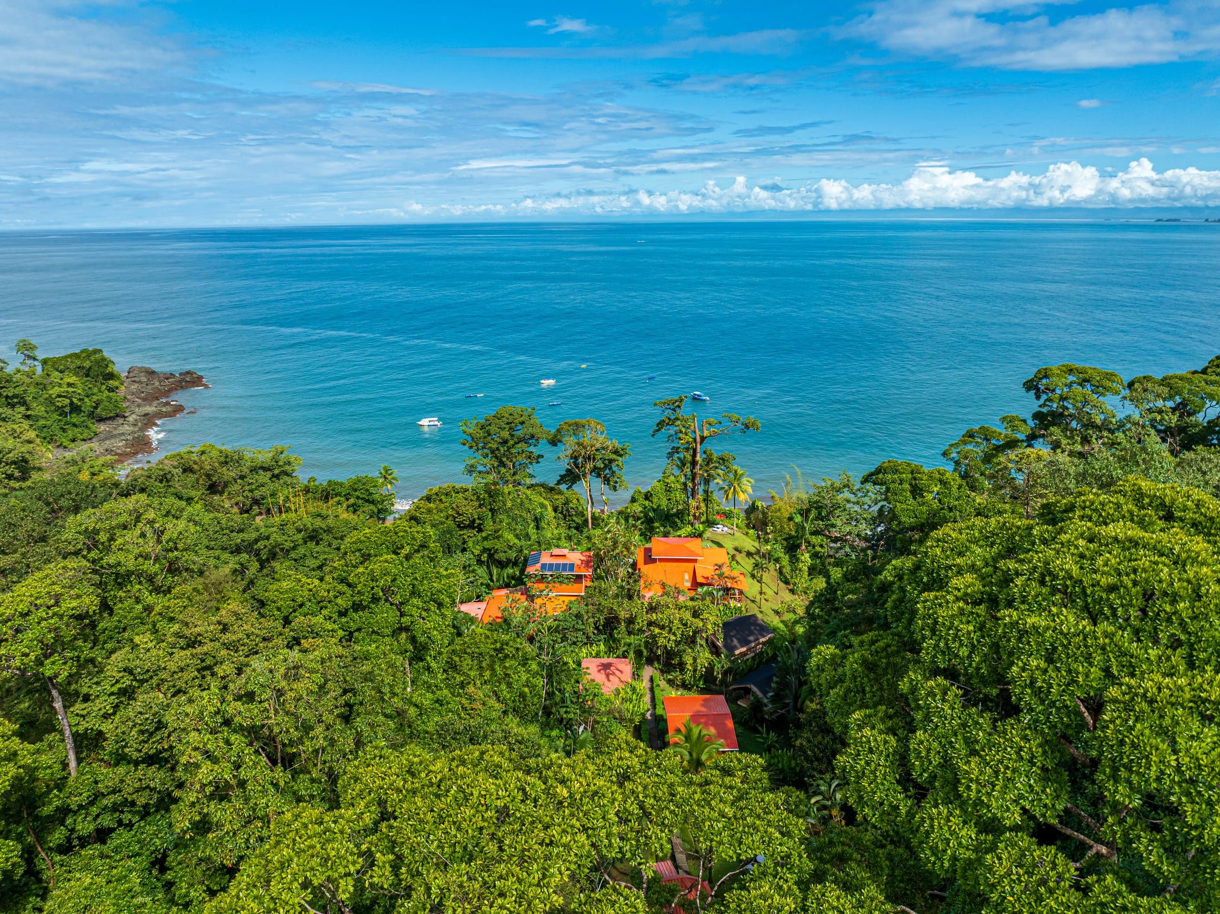 Aerial view of Las Caletas Lodge in the rainforest above the Pacific Ocean