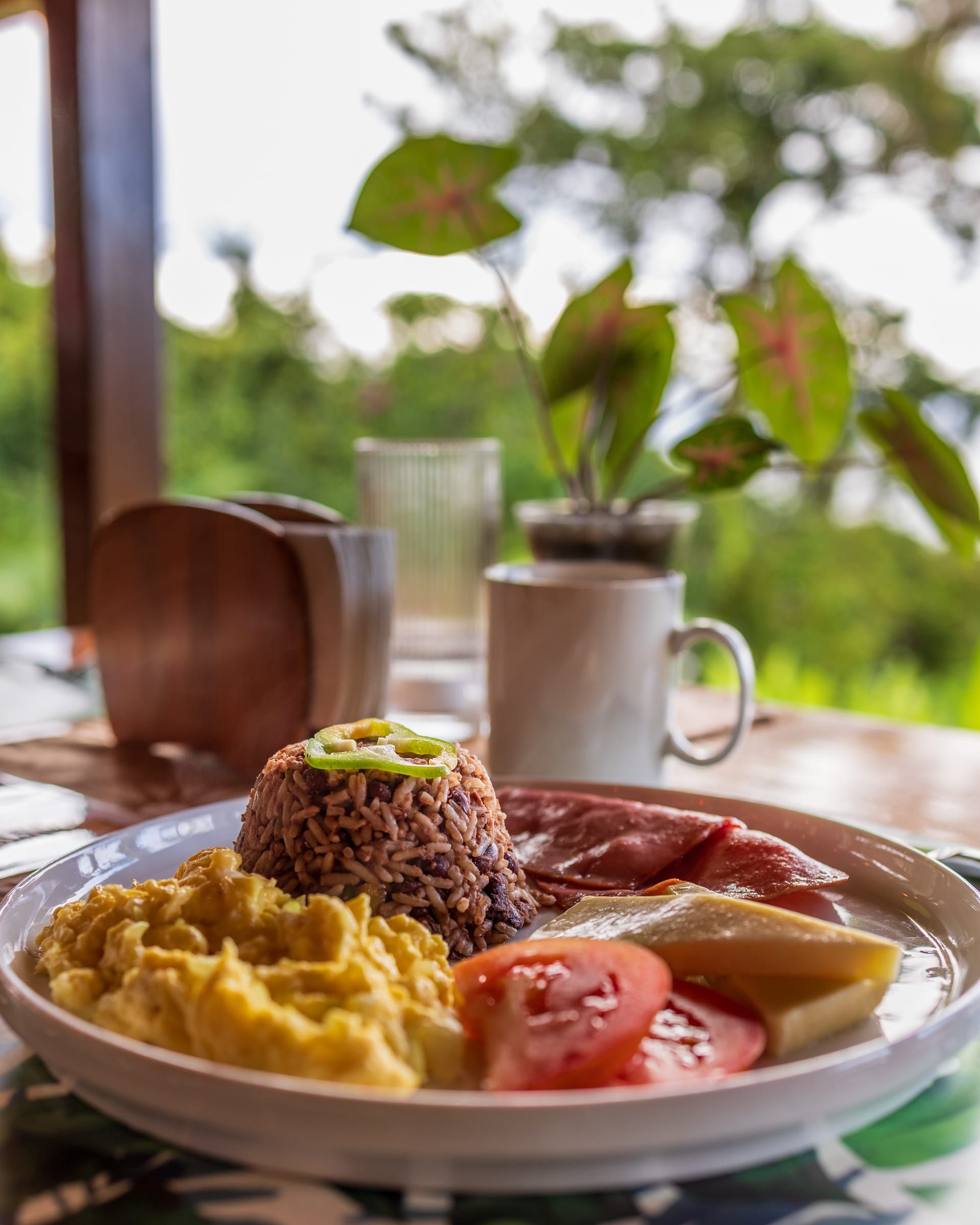 Breakfast plate with rice and beans, scrambled eggs and tomato