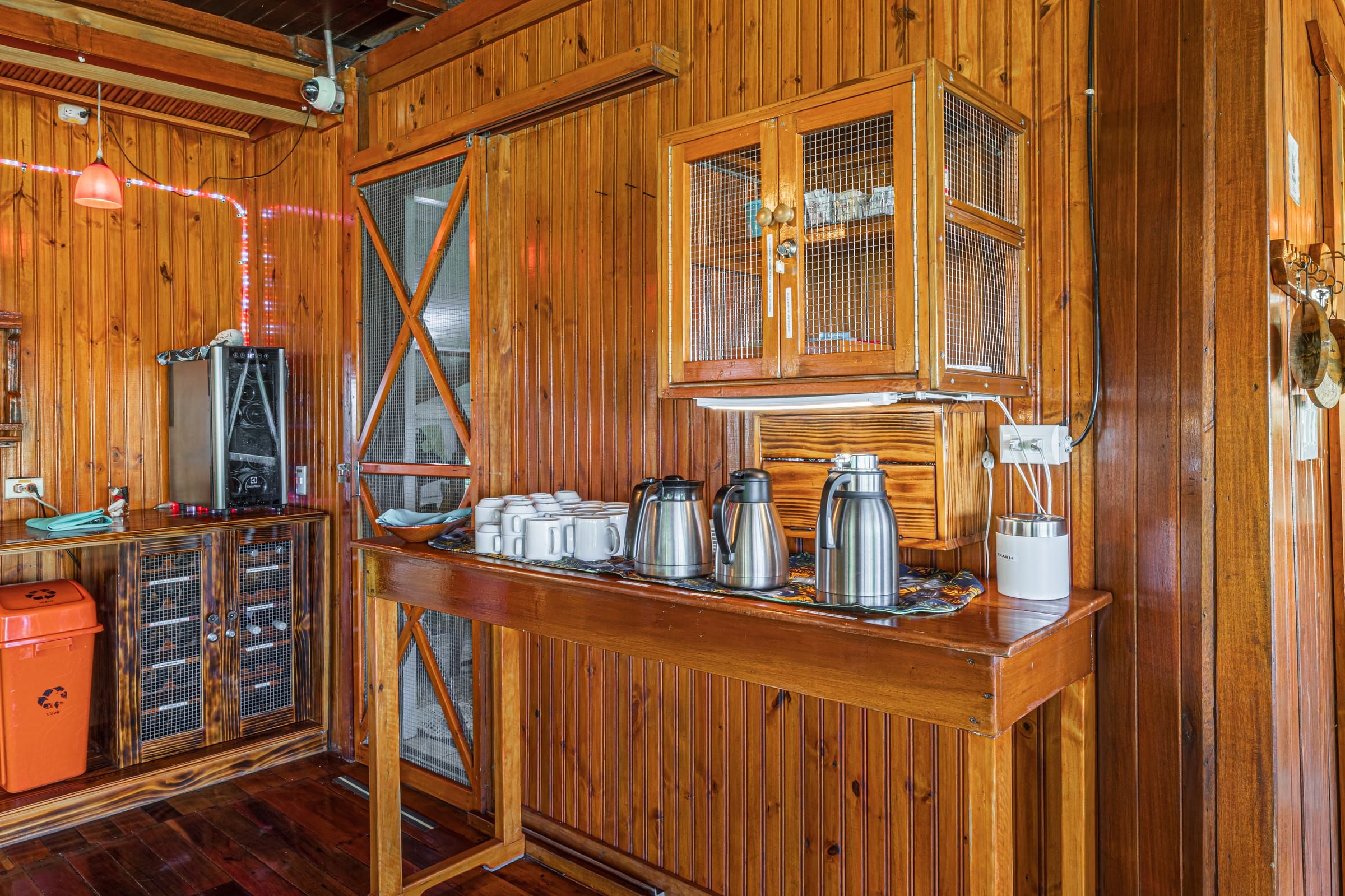 Coffee and tea station in the wooden restaurant