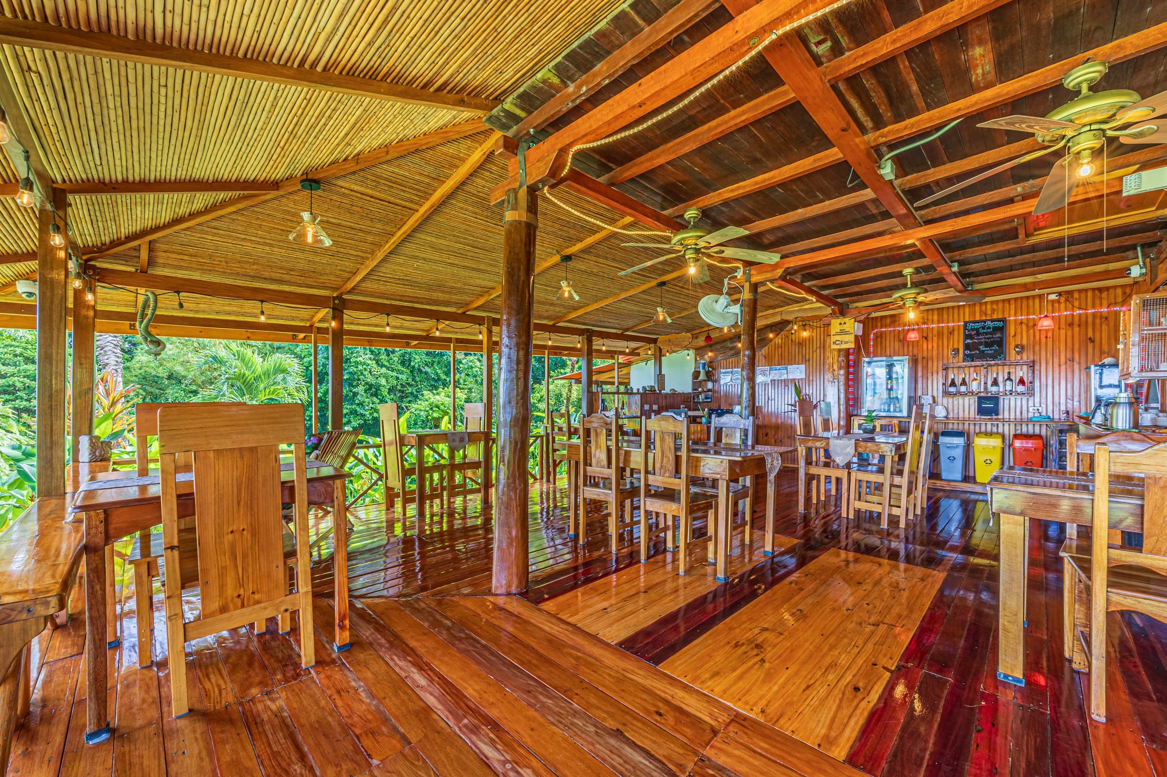 Inside the open-air wooden restaurant